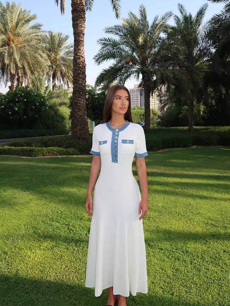 Mirla | Maxi-klänning - Dekorativ stickning med fransar-denim-insats-Eva Jonsson