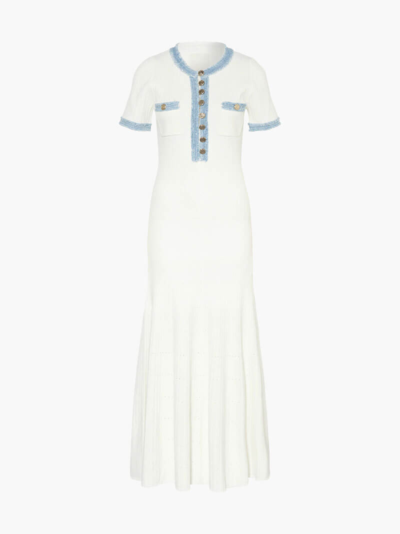 Mirla | Maxi-klänning - Dekorativ stickning med fransar-denim-insats-Eva Jonsson