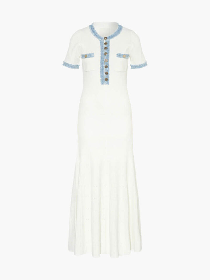 Mirla | Maxi-klänning - Dekorativ stickning med fransar-denim-insats-Eva Jonsson