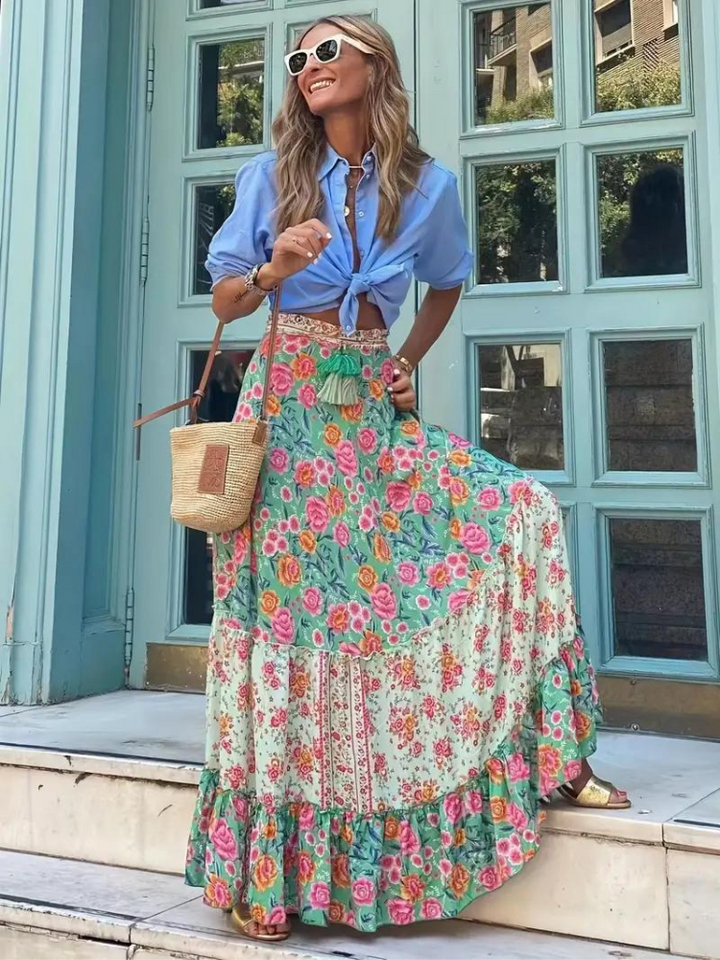 Mirla | Maxikjol Färgglad Boho-Rysslingskjol-Eva Jonsson