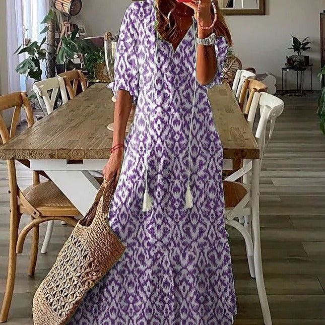 Mirla | Maxiklänning med Halvärmar och V-ringning med Blommönster-Eva Jonsson