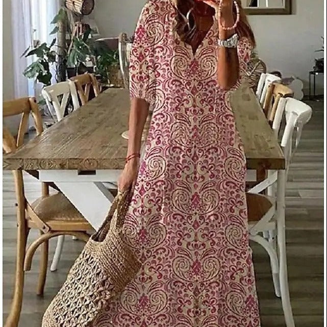 Mirla | Maxiklänning med Halvärmar och V-ringning med Blommönster-Eva Jonsson