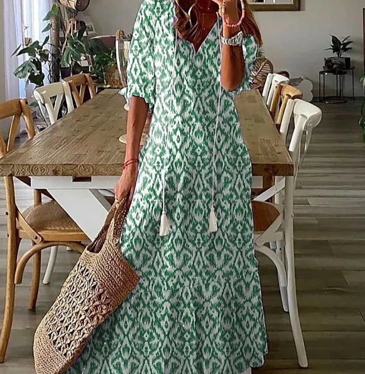 Mirla | Maxiklänning med Halvärmar och V-ringning med Blommönster-Eva Jonsson