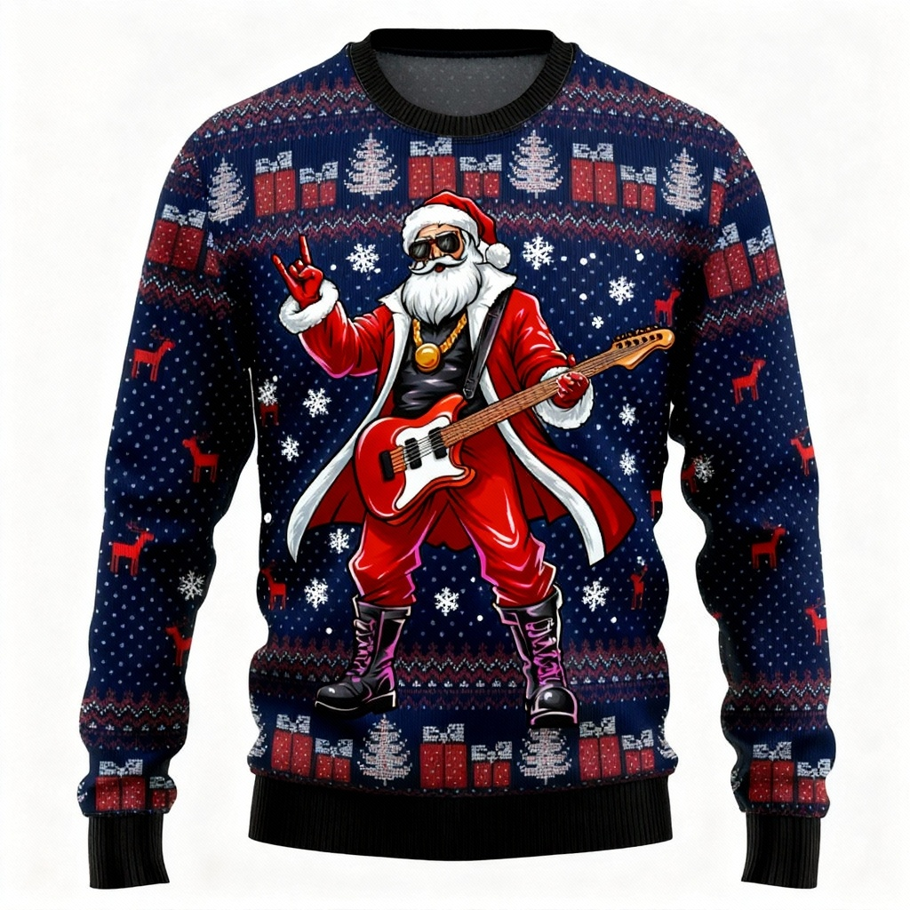 Mirla | Maximal Glädje Minimal Ansträngning: Rock Star Santa Print Högtidströja-Eva Jonsson