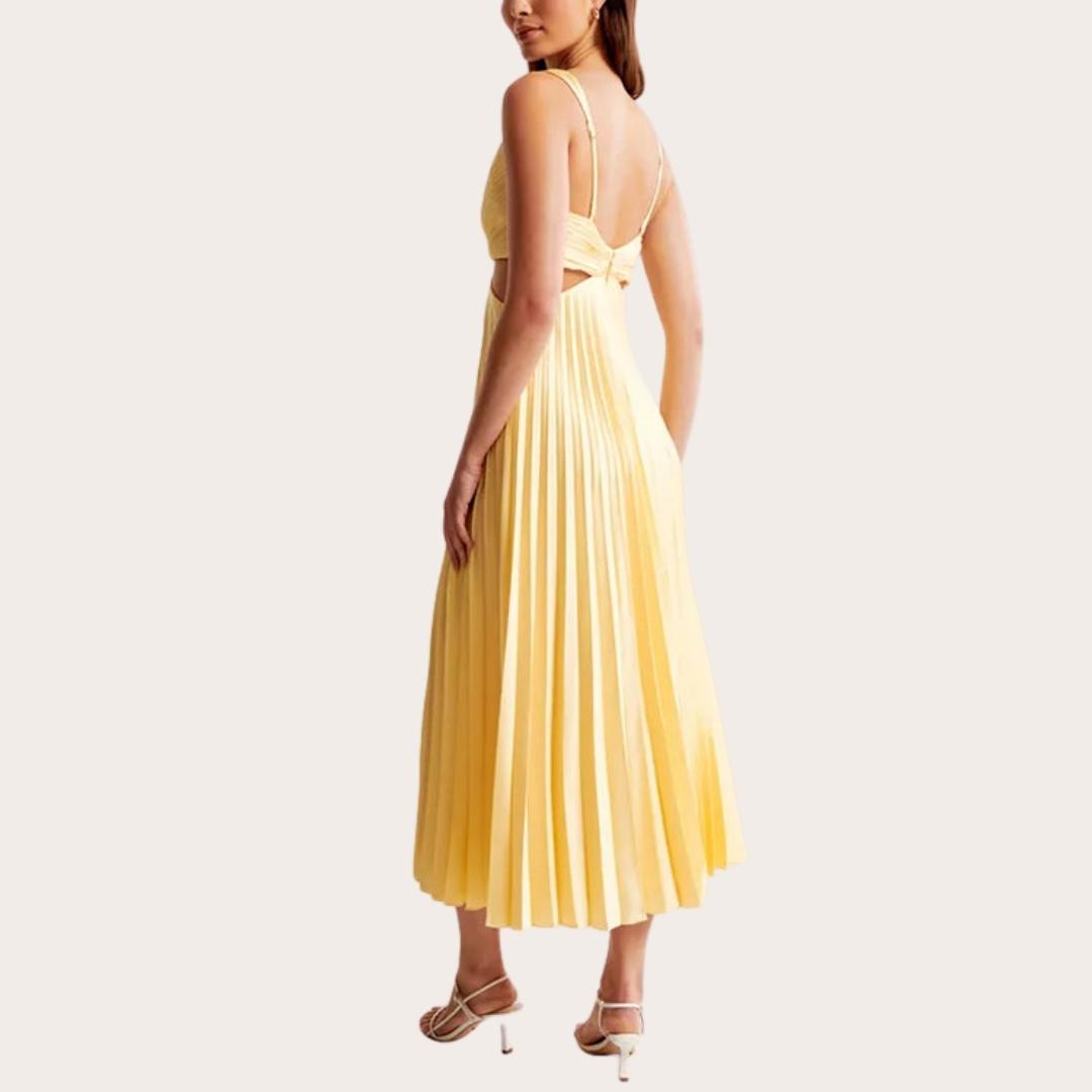 Mirla | Midi klänning ärmlös V-hals twist front & cut out detalj plisserad kjol-Eva Jonsson