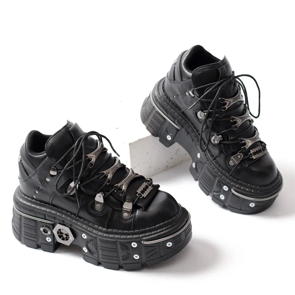 Mirla | Mode kvinnor ankelstövlar dam tunna klackar rund tå snörning metalldekoration sneakers fröken nitar punk goth rock skor-Eva Jonsson