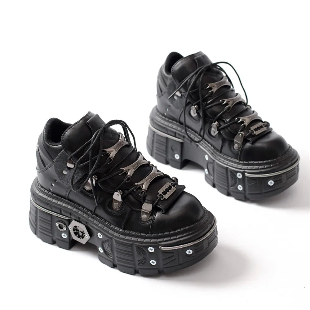 Mirla | Mode kvinnor ankelstövlar dam tunna klackar rund tå snörning metalldekoration sneakers fröken nitar punk goth rock skor-Eva Jonsson