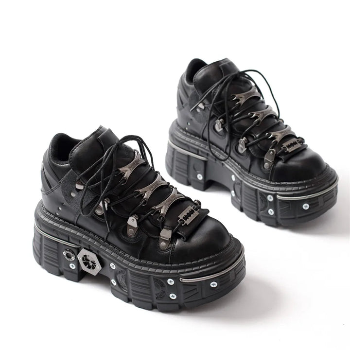 Mirla | Mode kvinnor ankelstövlar dam tunna klackar rund tå snörning metalldekoration sneakers fröken nitar punk goth rock skor-Eva Jonsson