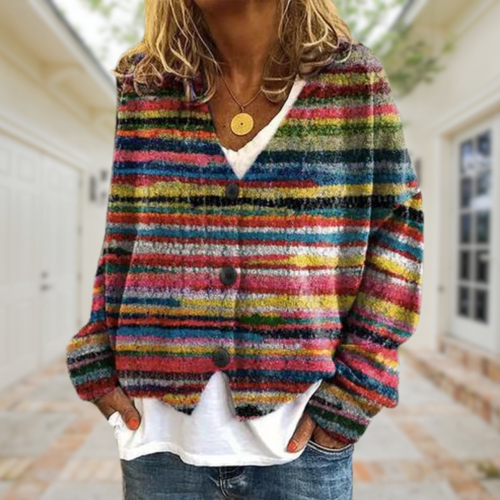 Mirla | Moderiktig, Tryckt Cardigan med V-Hals och Knappar-Eva Jonsson