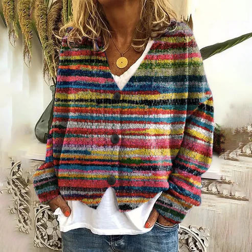 Mirla | Moderiktig, Tryckt Cardigan med V-Hals och Knappar-Eva Jonsson
