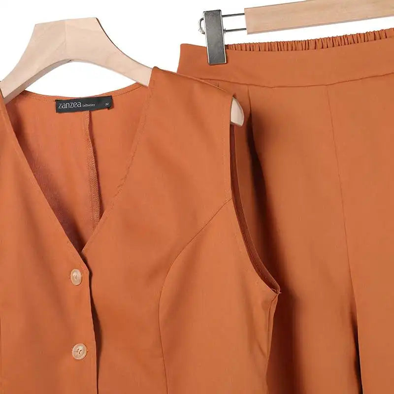 Mirla | Modern Set Elegant Ärmlös V-Hals Topp och Vid Skurna Byxor Damdräkt-Eva Jonsson