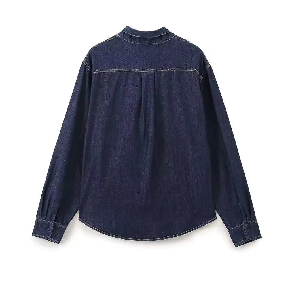 Mirla | Mörk denimblus med slipskrage-Eva Jonsson