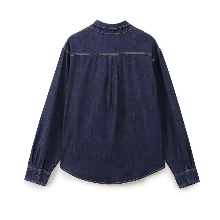 Mirla | Mörk denimblus med slipskrage-Eva Jonsson