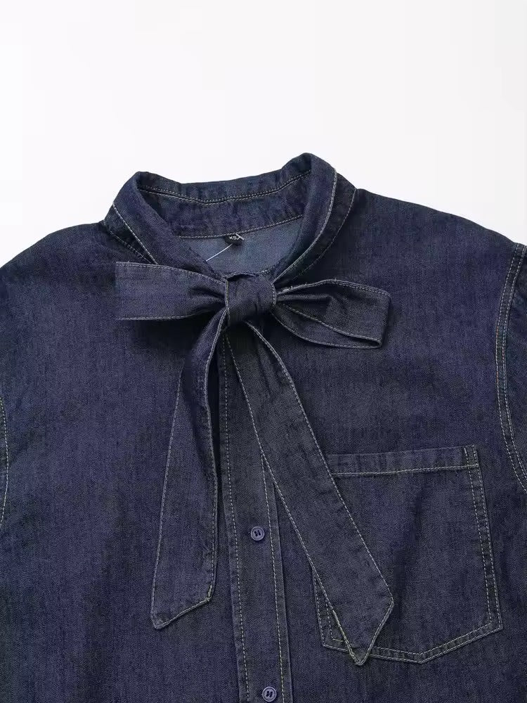 Mirla | Mörk denimblus med slipskrage-Eva Jonsson