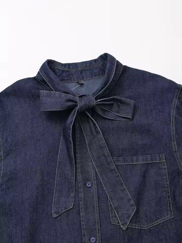 Mirla | Mörk denimblus med slipskrage-Eva Jonsson