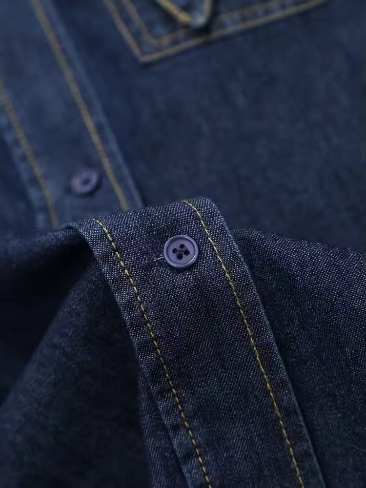 Mirla | Mörk denimblus med slipskrage-Eva Jonsson