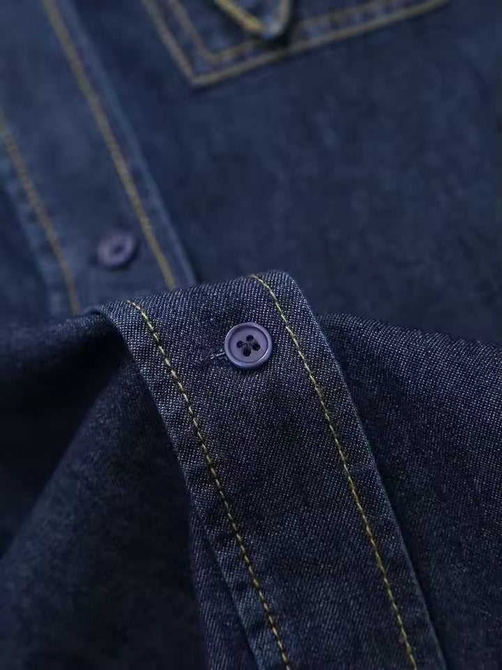 Mirla | Mörk denimblus med slipskrage-Eva Jonsson