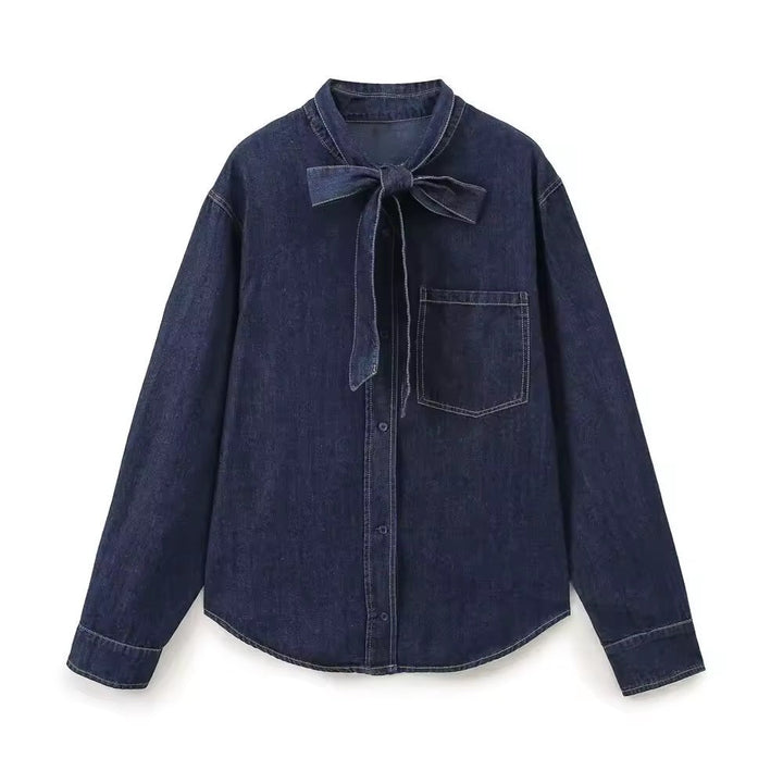 Mirla | Mörk denimblus med slipskrage-Eva Jonsson