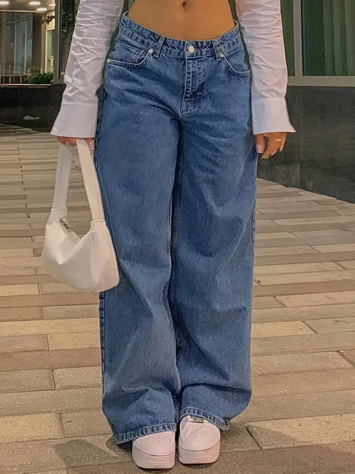 Mirla | Mörkblå Lös Baggy Boyfriend Jeans med Låg Midja-Eva Jonsson
