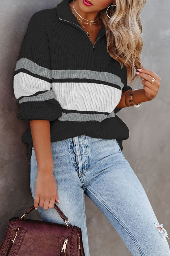 Mirla | Mysig, Bekväm Stickad Tröja med Dragkedja och Patchwork-Krage-Eva Jonsson