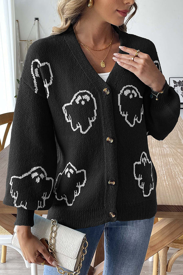 Mirla | Mysig Halloween Spöke Stickad Tröja med Knappar-Eva Jonsson