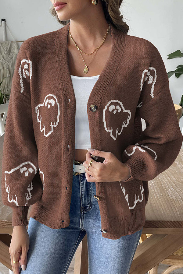 Mirla | Mysig Halloween Spöke Stickad Tröja med Knappar-Eva Jonsson