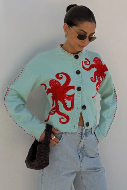 Mirla | Mysig Strandstickad Cardigan med Nautisk Bläckfiskdesign-Eva Jonsson