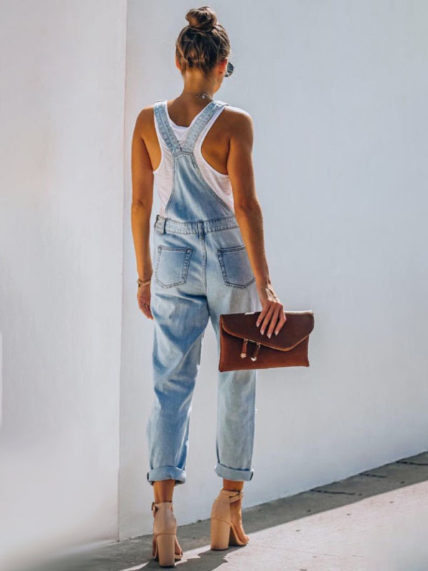 Mirla | Ny stil Avslappnad Pendlar Rivet Mid Waist Denim Overall-Eva Jonsson