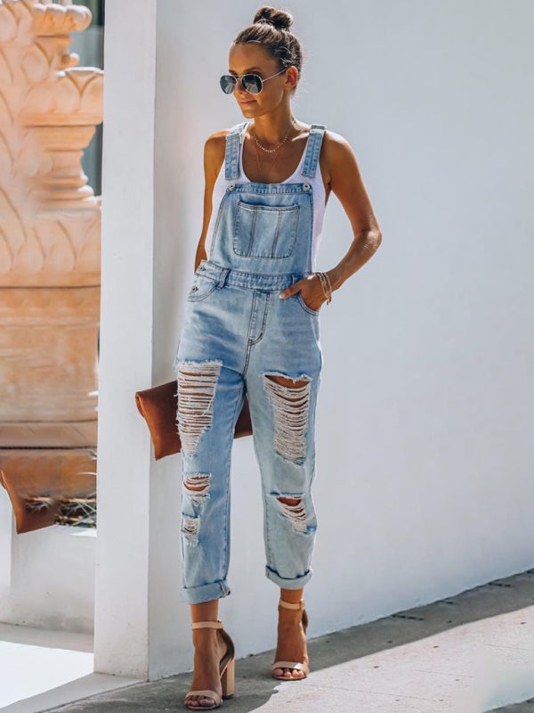 Mirla | Ny stil Avslappnad Pendlar Rivet Mid Waist Denim Overall-Eva Jonsson