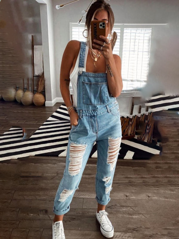 Mirla | Ny stil Avslappnad Pendlar Rivet Mid Waist Denim Overall-Eva Jonsson