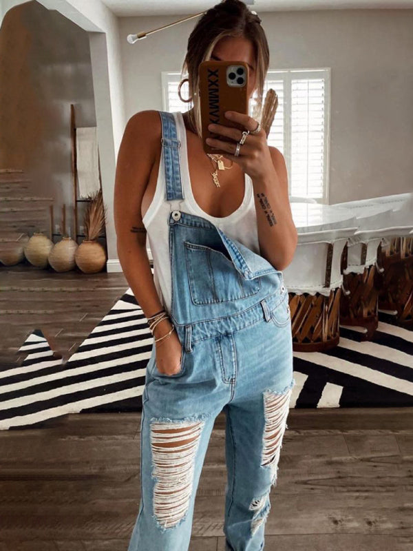 Mirla | Ny stil Avslappnad Pendlar Rivet Mid Waist Denim Overall-Eva Jonsson