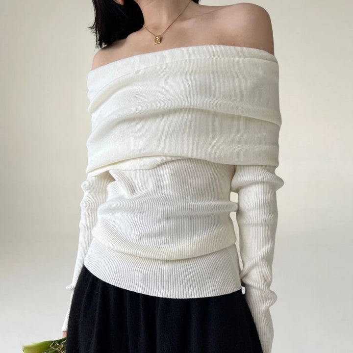Mirla | Off-Shoulder Stickad Tröja Ribbstickad Tajt och Elegant Design-Eva Jonsson