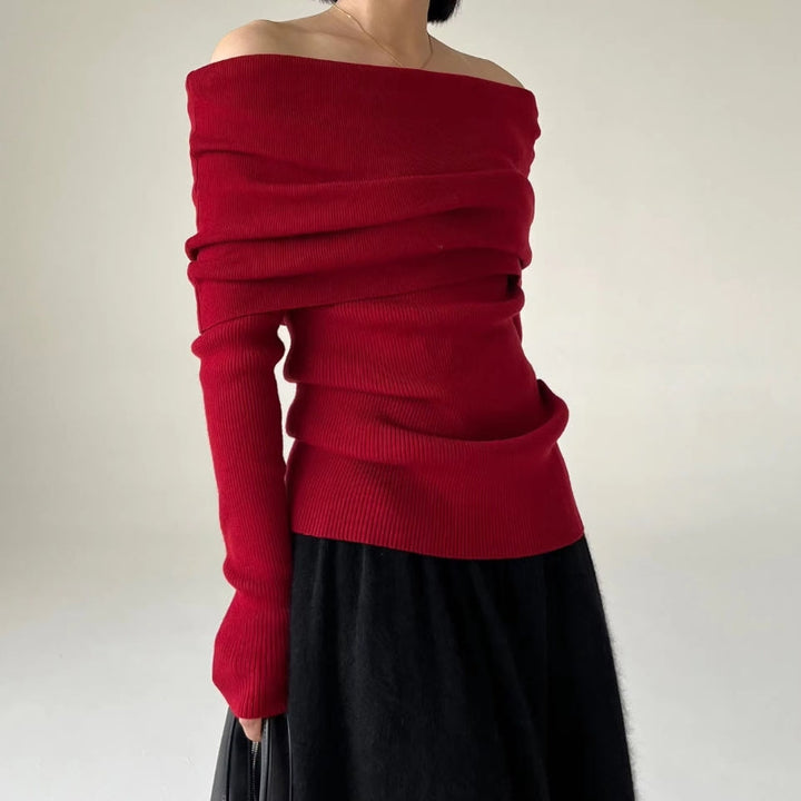 Mirla | Off-Shoulder Stickad Tröja Ribbstickad Tajt och Elegant Design-Eva Jonsson