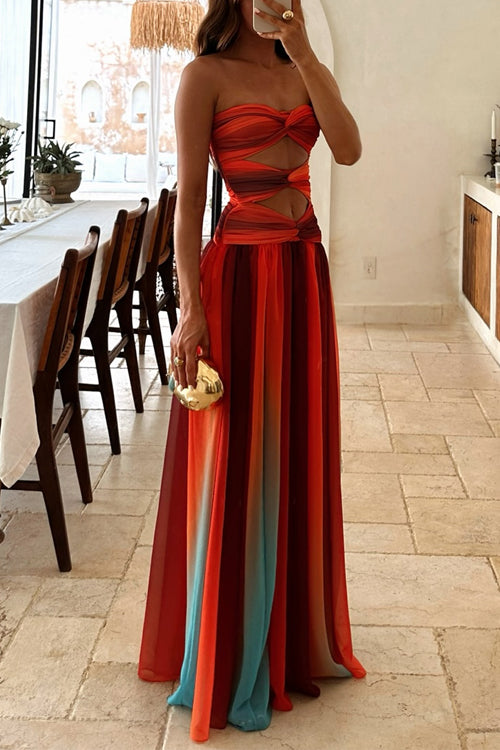 Mirla | Off-the-shoulder Twist Front Cut Out Färgglad Mesh Maxi Klänning-Eva Jonsson