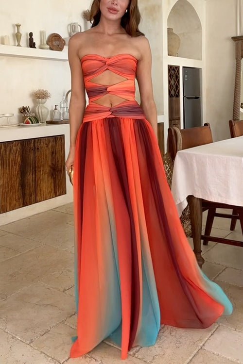Mirla | Off-the-shoulder Twist Front Cut Out Färgglad Mesh Maxi Klänning-Eva Jonsson
