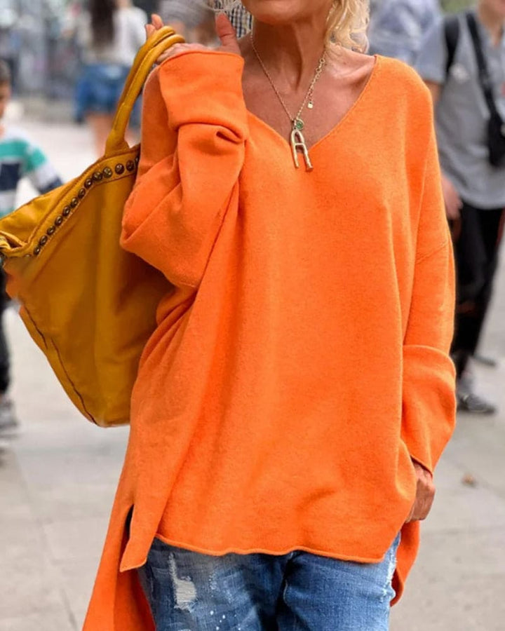Mirla | Oversize Orangefärgad V-ringad Tröja-Eva Jonsson