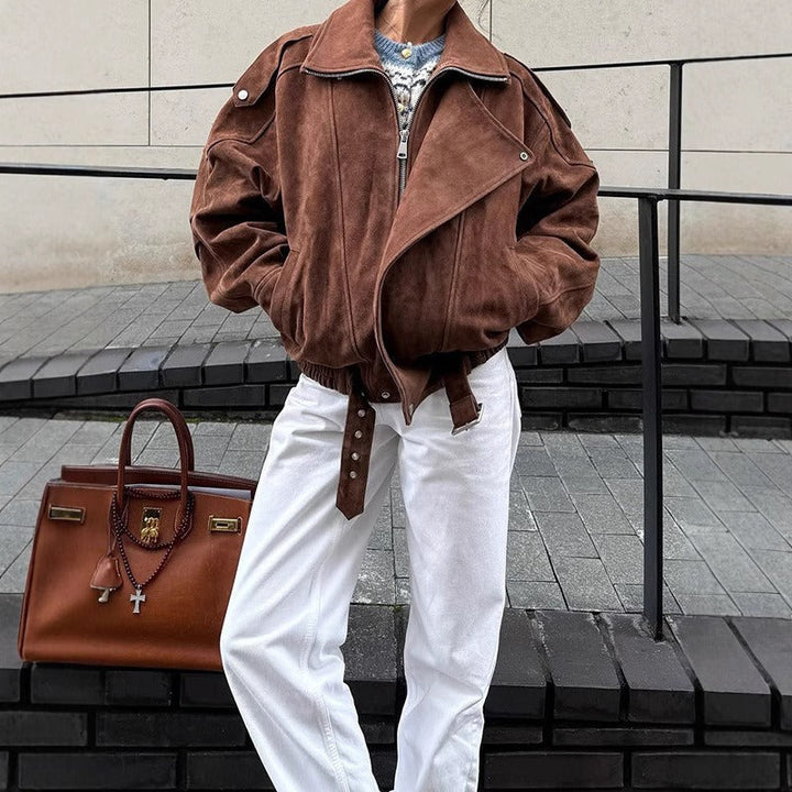 Mirla | Oversized Bomberjacka I Mockaimitation med Asymmetrisk Dragkedja-Eva Jonsson
