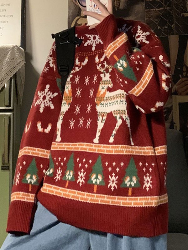 Mirla | Oversized Jultröja med Rundhals och Älgmönster-Eva Jonsson