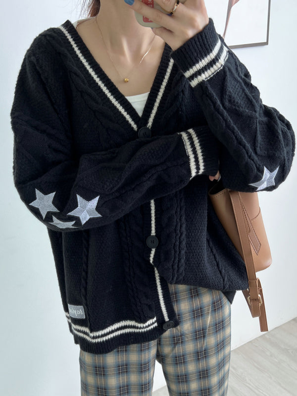 Mirla | Oversized Kabelstickad Jacka med Stjärnbroderi-Eva Jonsson