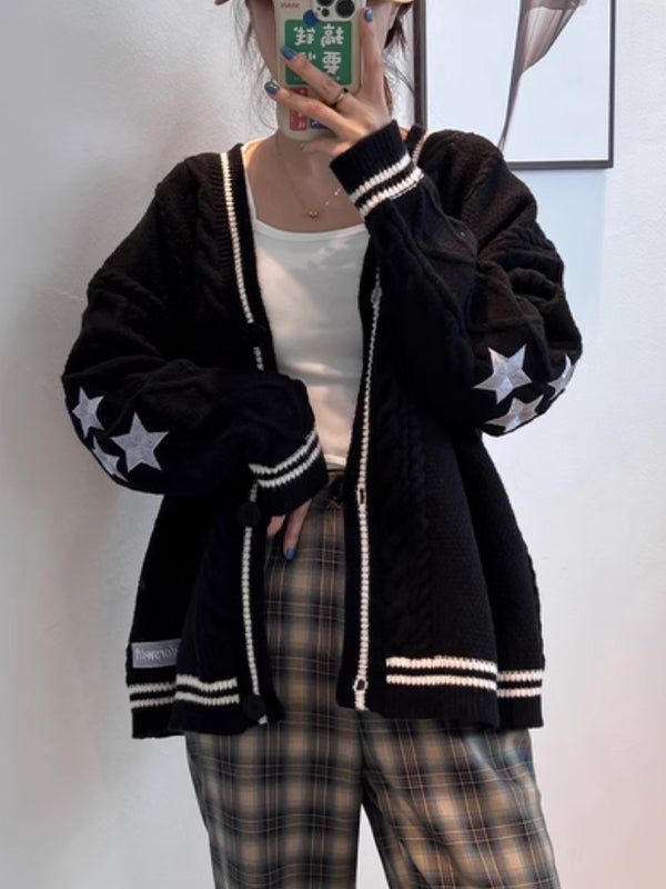 Mirla | Oversized Kabelstickad Jacka med Stjärnbroderi-Eva Jonsson