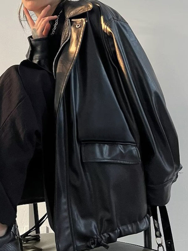 Mirla | Oversized Svart Vegansk Skinnjacka med Dragkedja-Eva Jonsson