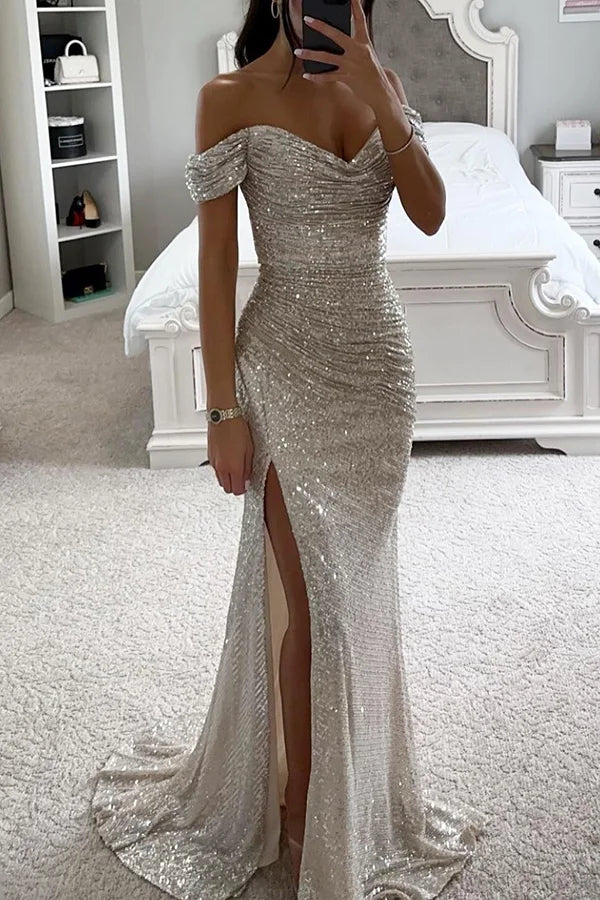 Mirla | Paljetter Off-Shoulder Rynkad Slitskväll Maxi Klänning-Eva Jonsson