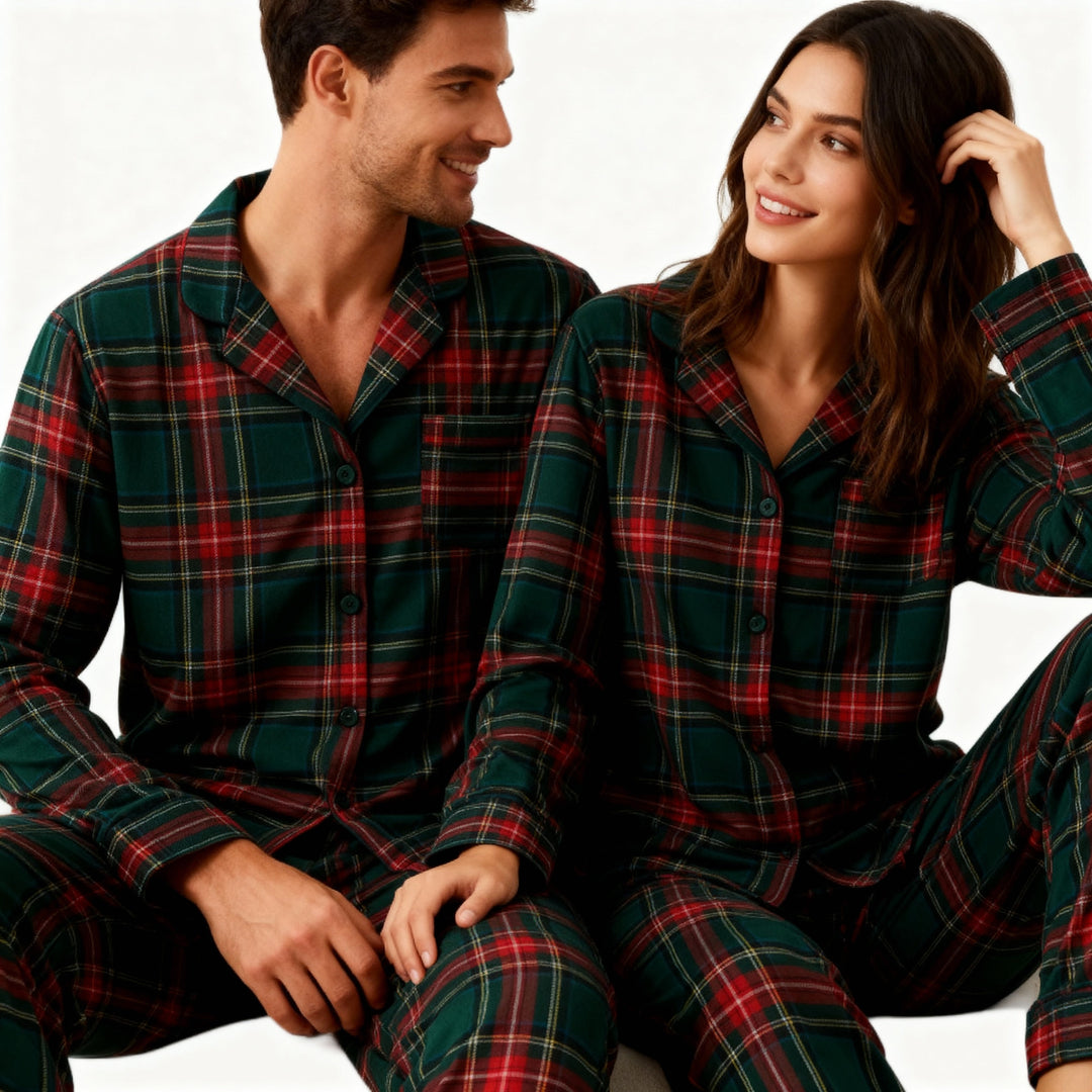 Mirla | Par Grön Röd Rutigt Knapp-Front Pyjamas Set-Eva Jonsson
