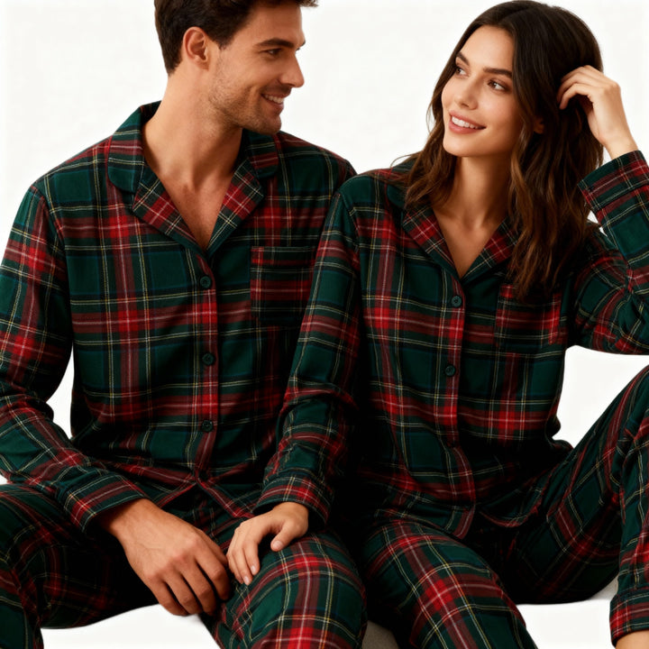 Mirla | Par Grön Röd Rutigt Knapp-Front Pyjamas Set-Eva Jonsson
