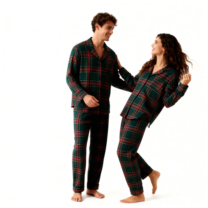 Mirla | Par Grön Röd Rutigt Knapp-Front Pyjamas Set-Eva Jonsson