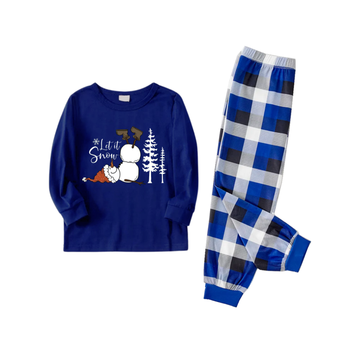 Mirla | Par Matchande Blå och Vita Rutig Pyjamas med Let It Snow Text och Tryckt Snögubbe-Eva Jonsson