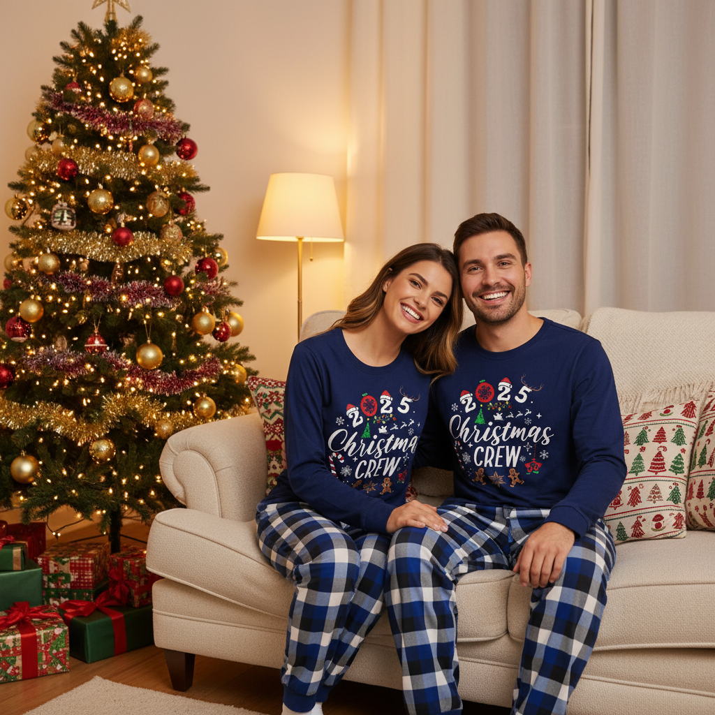 Mirla | Par Matchande Pyjamas med Texten 2025 Christmas Crew och Ett Julmönster Tryckt-Eva Jonsson