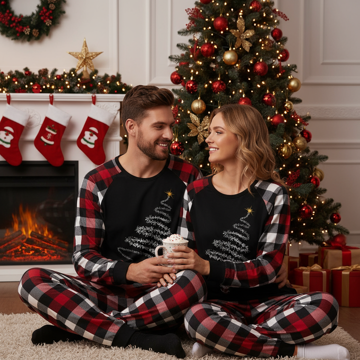 Mirla | Par Röd & Svart & Vit Rutigt Pyjamas Set med Husdjurs Bandana Jul Jultomte Tryck Mönster-Eva Jonsson