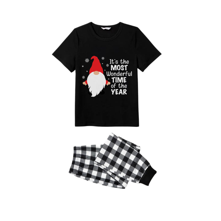 Mirla | Par Svart-Vit Rutad Kortärmad Jul-Pyjamas Set med Gnom och Jultomte Citat-Eva Jonsson