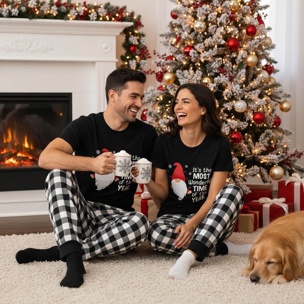 Mirla | Par Svart-Vit Rutad Kortärmad Jul-Pyjamas Set med Gnom och Jultomte Citat-Eva Jonsson